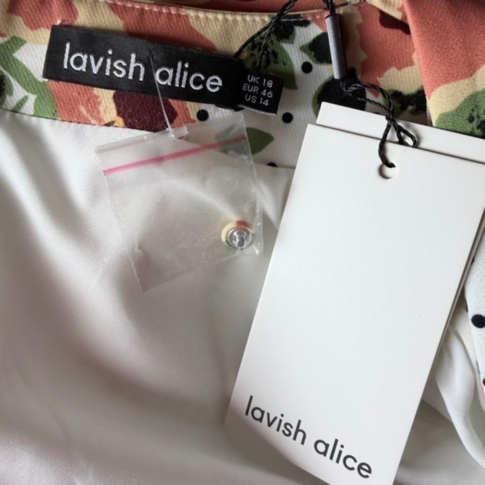 NWT Lavish‎ Alice Polka Dot Floral Ruched Puff Sleeve Mini Dress White 14 - Picture 6 of 7